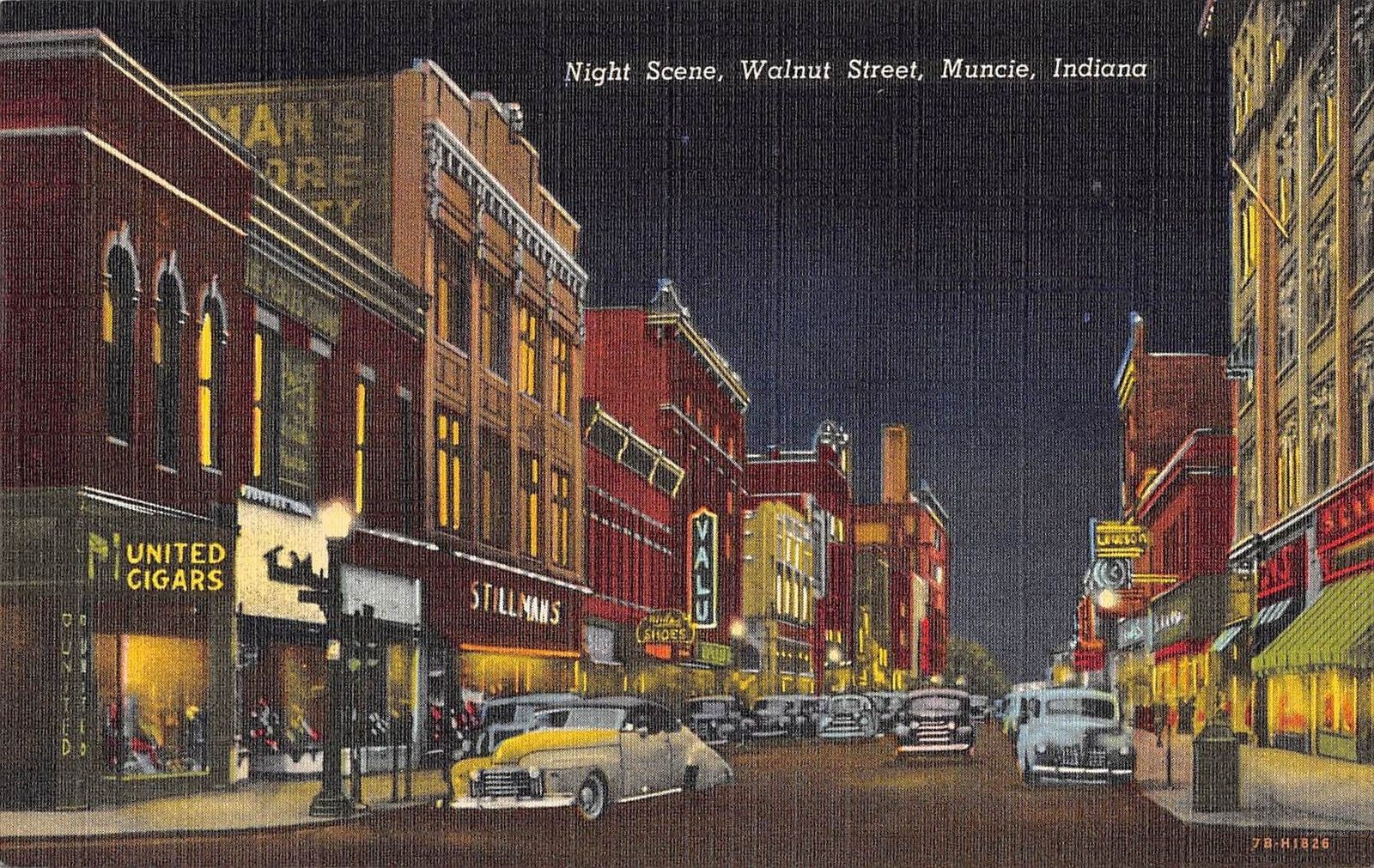 Night Scene Walnut Street Muncie Indiana Antique Postcard T1545 Ebay