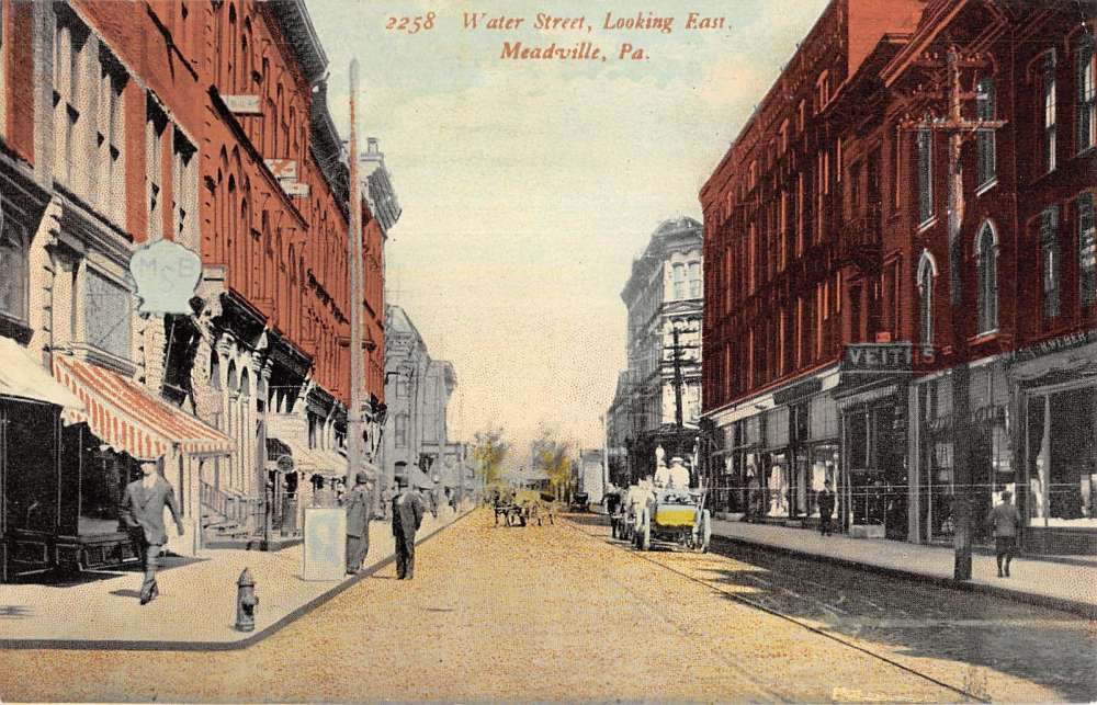 Meadville Pennsylvania Looking East Water Street Scene Antique Postcard ...