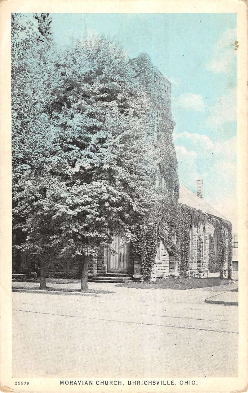 Uhrichsville Ohio Moravian Church Street View Antique Postcard K15526