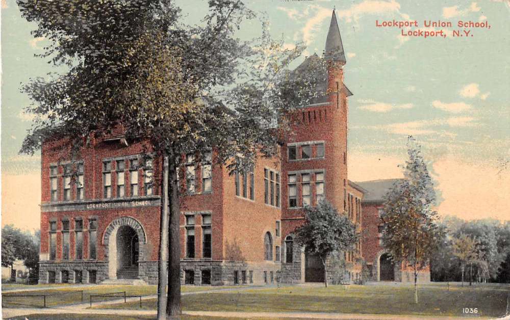 Lockport New York birds eye view Lockport Union School antique pc ...