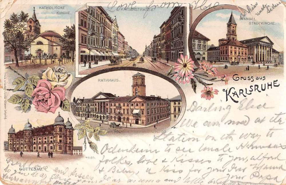 Karlsruhe Germany Street Scenes Gruss Aus Antique Postcard J55855