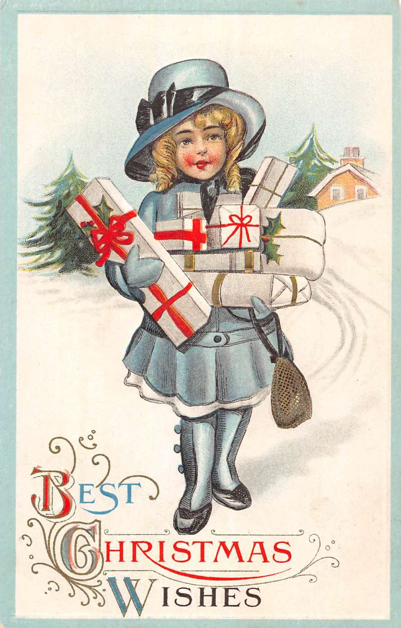 Best Christmas Wishes Little Girl With Gifts Antique Postcard K98767