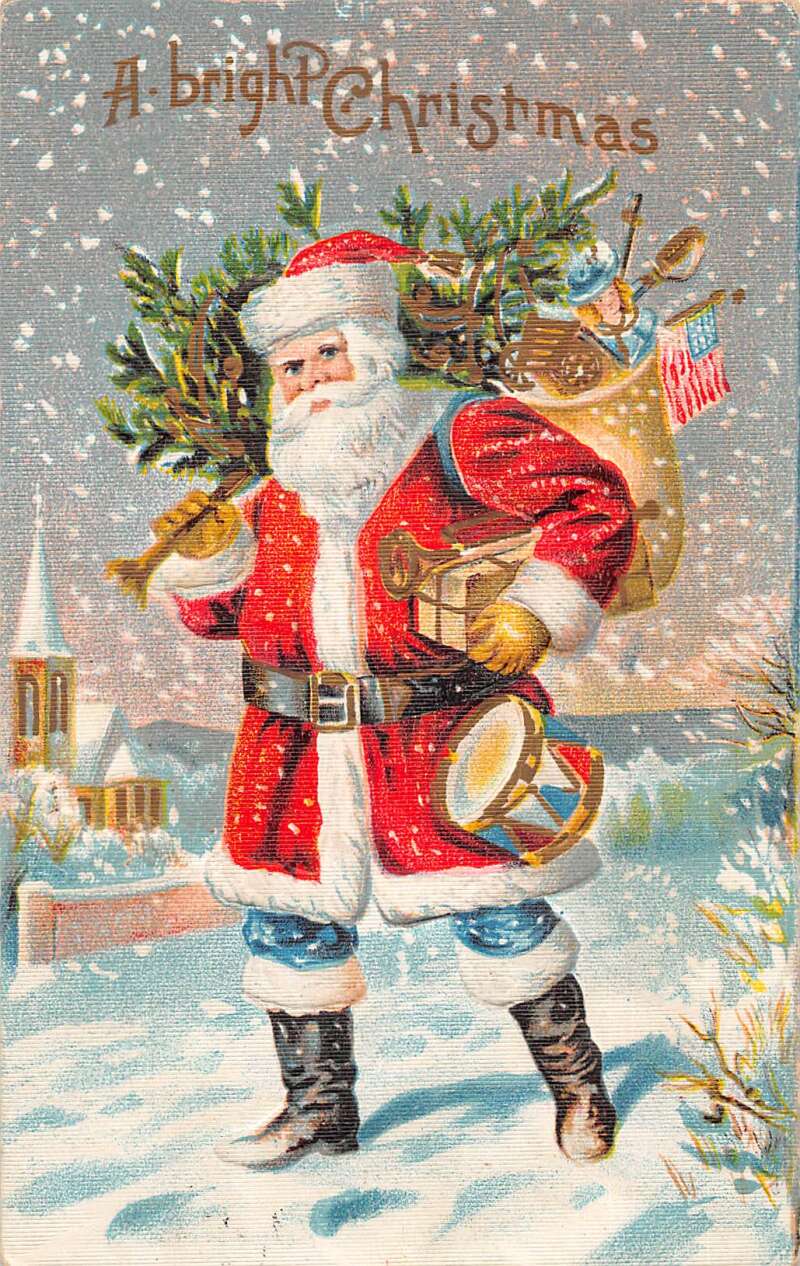 Christmas Greetings Santa Claus Walking through Snow Vintage Postcard ...