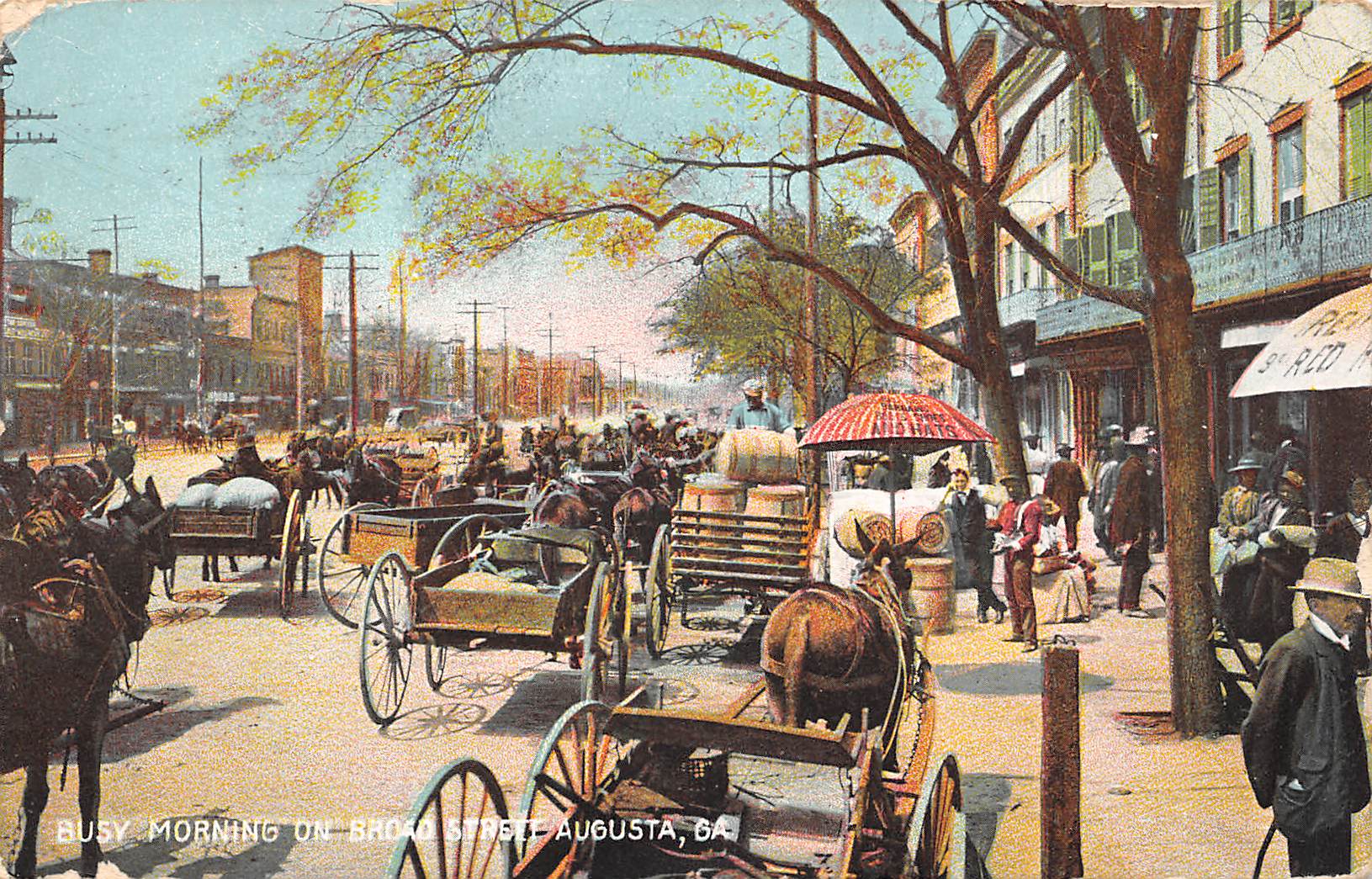 Augusta Georgia Broad Street Commerce Scene, Color Lithograph Vintage PC U8548