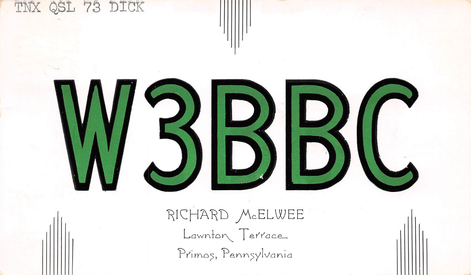 Primos Pennsylvania W3BBC, Richard McElwee, QSL Two Way Radio Card PC U9447