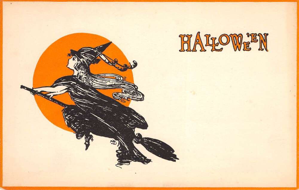 Hallowe'en Witch On Broomstick Across Orange Full Moon, Gibson Art Co., PC U13125