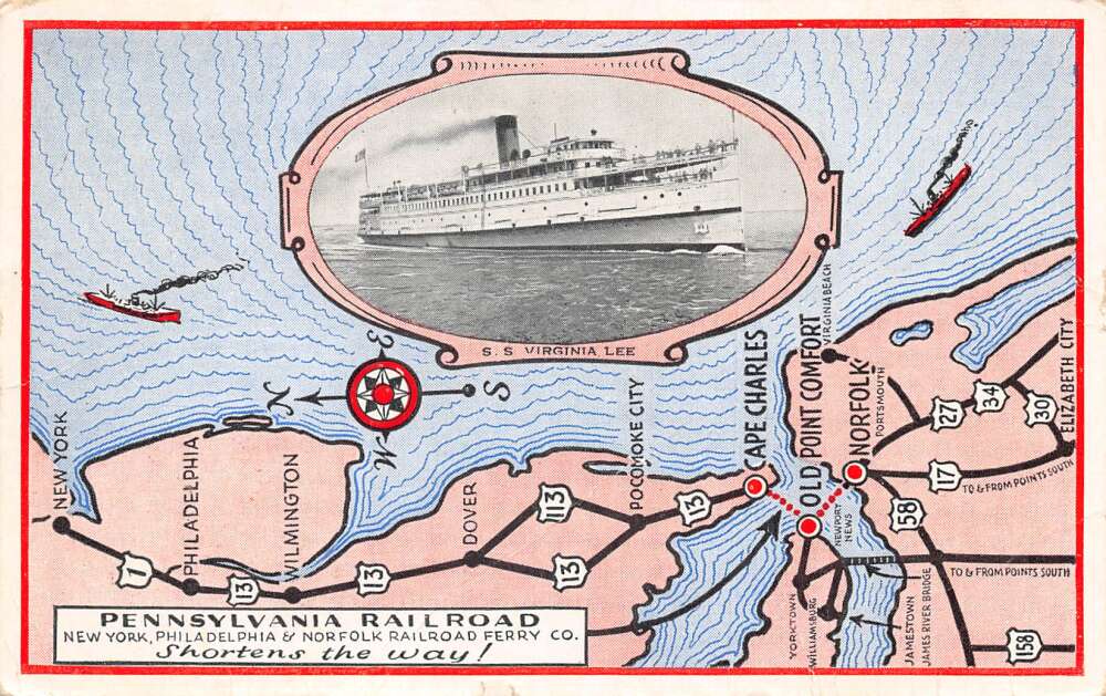 Pennsylvania Railroad Steamer Ship Ferry SS Virginia Lee Route Map PC AA84917